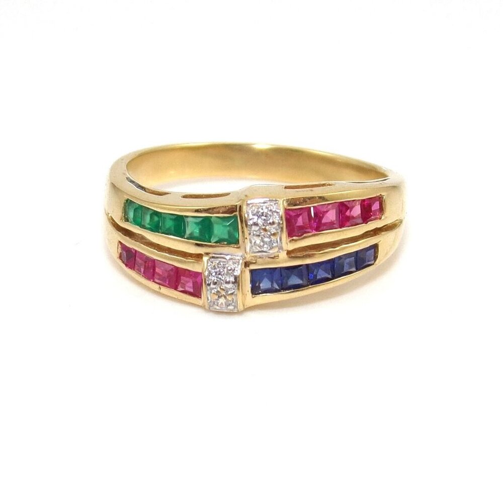18K Yellow Gold Emerald Ruby Sapphire Diamond Accent Band Ring Size 7.5